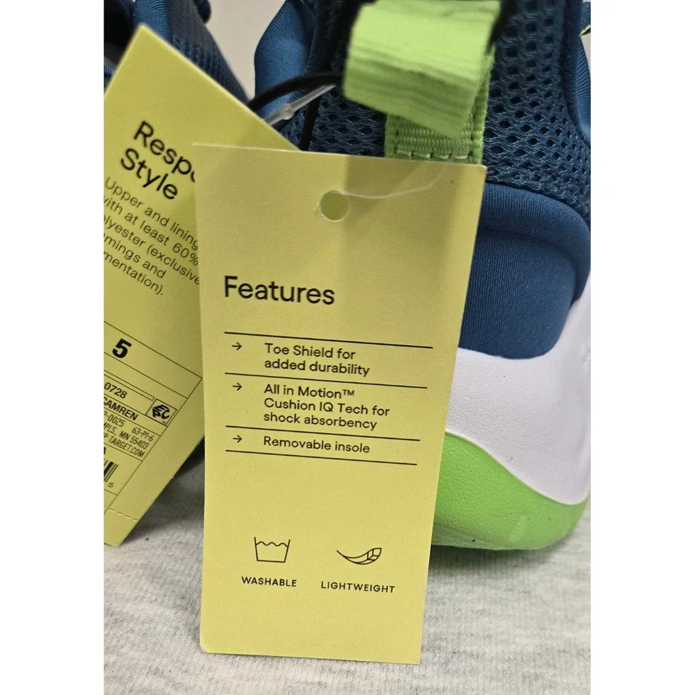 All in Motion Camren Kids Blue Lime Green Cushion IQ Athletic Sneakers Size 5